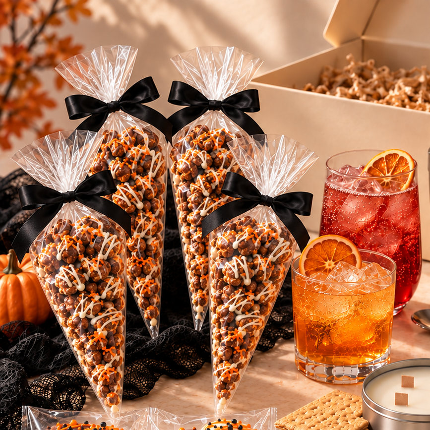 A styled Halloween-themed snack and treat spread on a tabletop, featuring three cone-shaped candy bags tied with black ribbons, several wrapped chocolate-dipped marshmallows, graham crackers, marshmallows, a candle, a cocktail shaker, a pink drink with an orange slice, and a s'mores-style candle tin with a wooden spoon and fork.